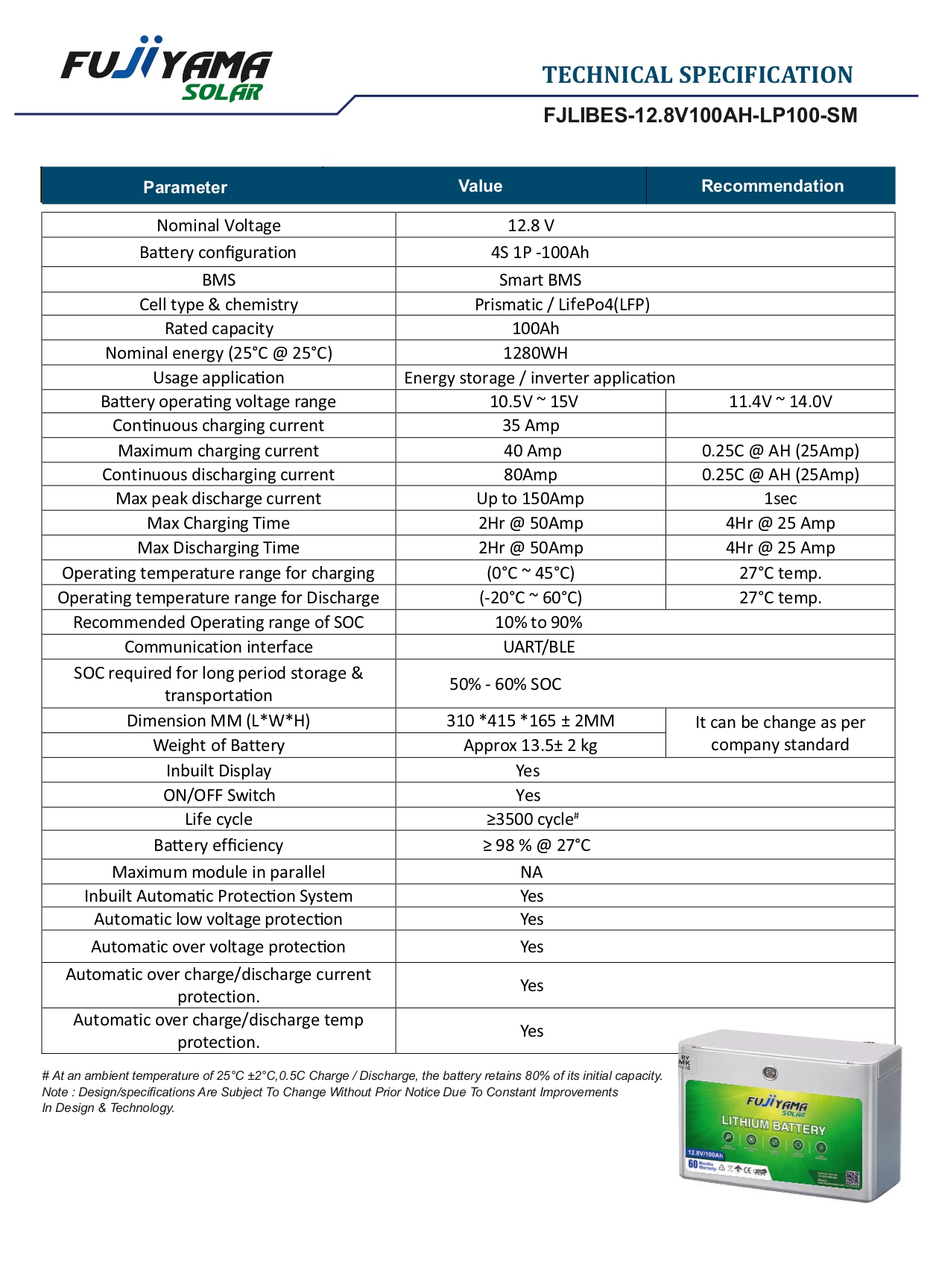 Fujiyama 12.8V/100AH Lithium-ion Inverter Battery
